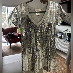 LaRok Silver Sequin V-Neck Top